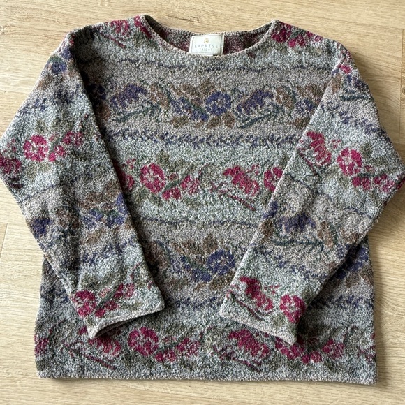 Vintage 90s Express Floral Textured Knit Sweater - Picture 2 of 7